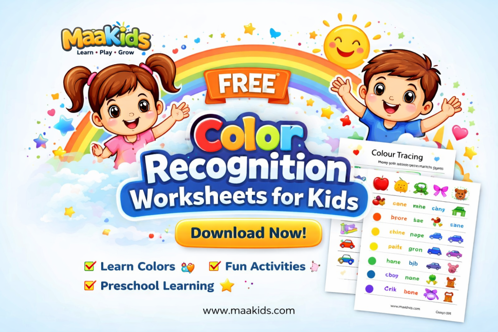 Free colour recognition worksheets for kids printable PDF Maakids for preschool learning