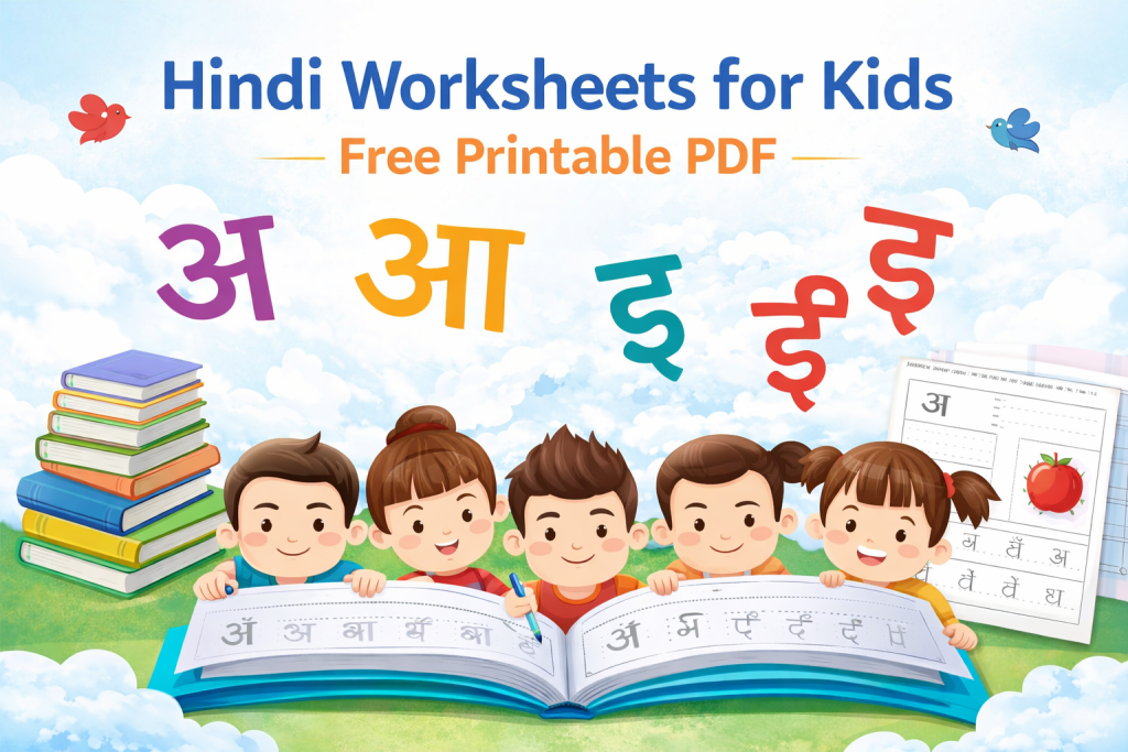 Hindi worksheets for kids printable PDF with alphabets, tracing and learning activities