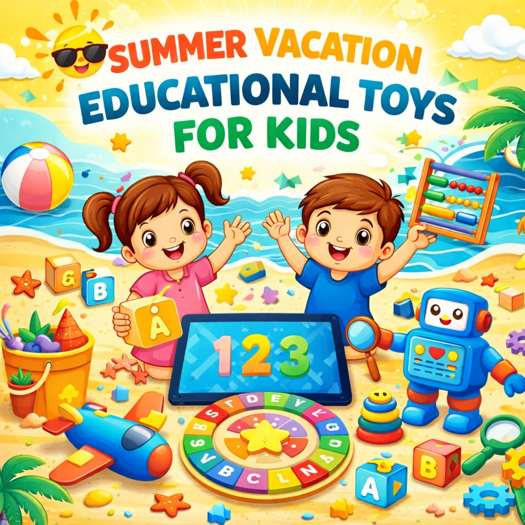 Colorful summer vacation educational toys for kids including learning blocks, abacus, puzzles and fun activity toys for brain development