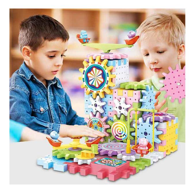 Kids playing with STEM educational gear toy for brain development and learning